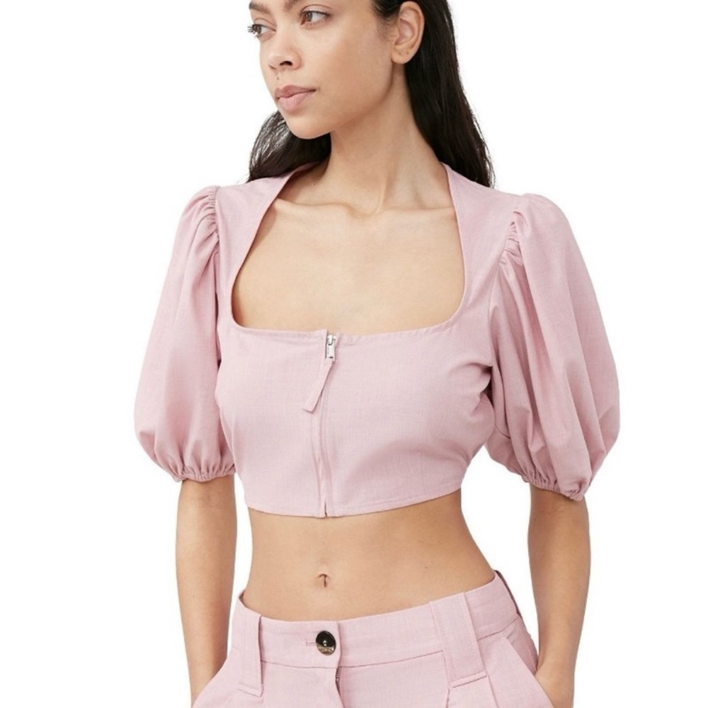 GANNI Pink Puff Sleeve Crop Top Zip Front Blouse Sz 0 NWT